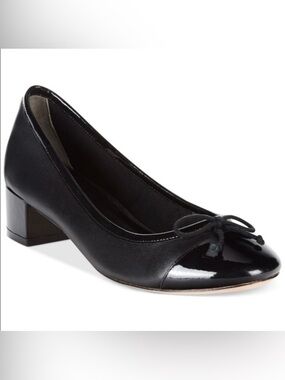 Cole Haan Sarina Black Leather and Patent Bow Block Heel Pump